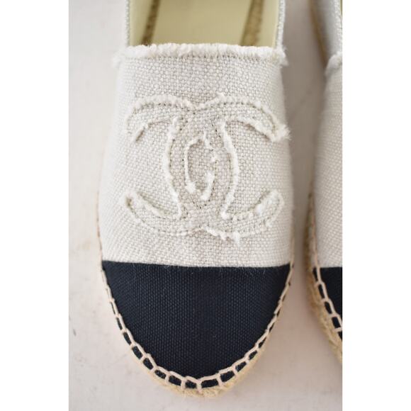 Chanel REV Beige Black Linen Canvas CC Logo Double Sole Espadrille Flat 37 RARE - Picture 7 of 12